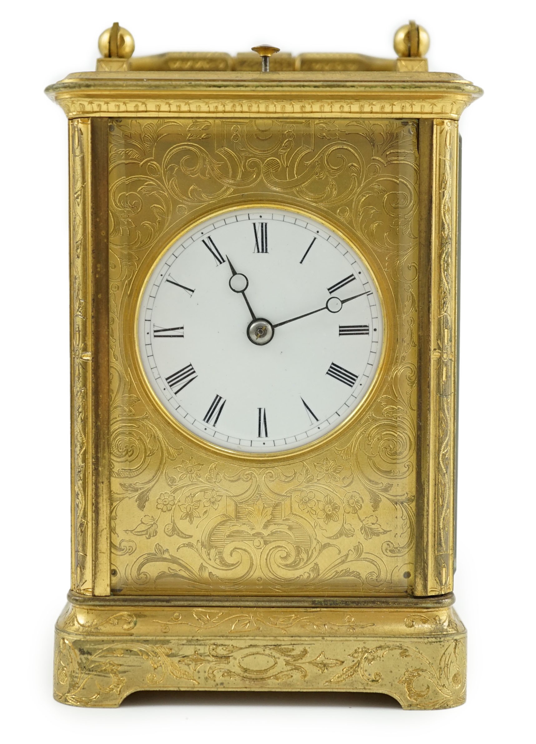 A late 19th century French gilt brass repeating carriage clock, width 8cm depth 7.5cm height 13cm